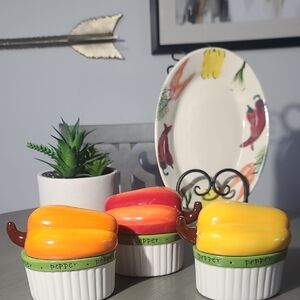 vintage Hartstone Pottery oval serving platter hand-painted With 3 Pepper Crocks